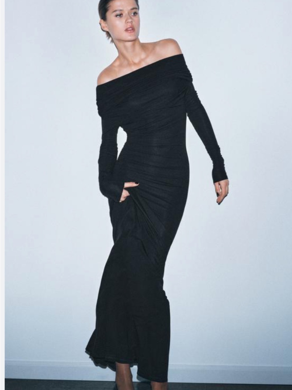 Zara Black Off-Shoulder Ruched Maxi Dress